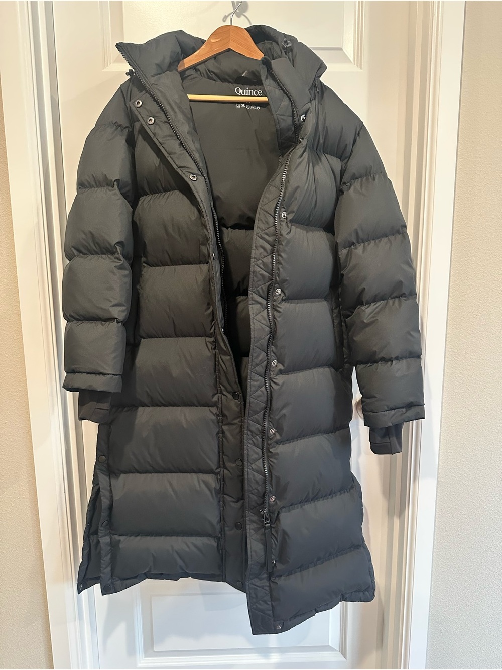 Quince Long Hooded Puffer Coat in Charcoal - Picture 8 of 14